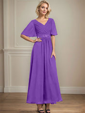 A-line V-Neck Ankle-Length Chiffon Mother of the Bride Dress With Pleated Beading Sequins