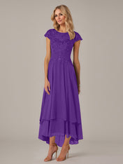 A-line Boat Neck Illusion Asymmetrical Chiffon Lace Mother of the Bride Dress With Applique Pleats