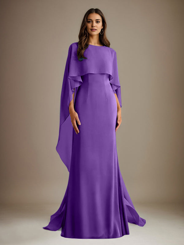 Robe de mère de la mariée en mousseline, coupe fourreau/colonne, col bateau, longueur ras du sol, avec volants en cascade 