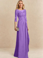 A-line Scoop Illusion Floor-Length Chiffon Lace Mother of the Bride Dress With Beading Sequins Cascading Ruffles
