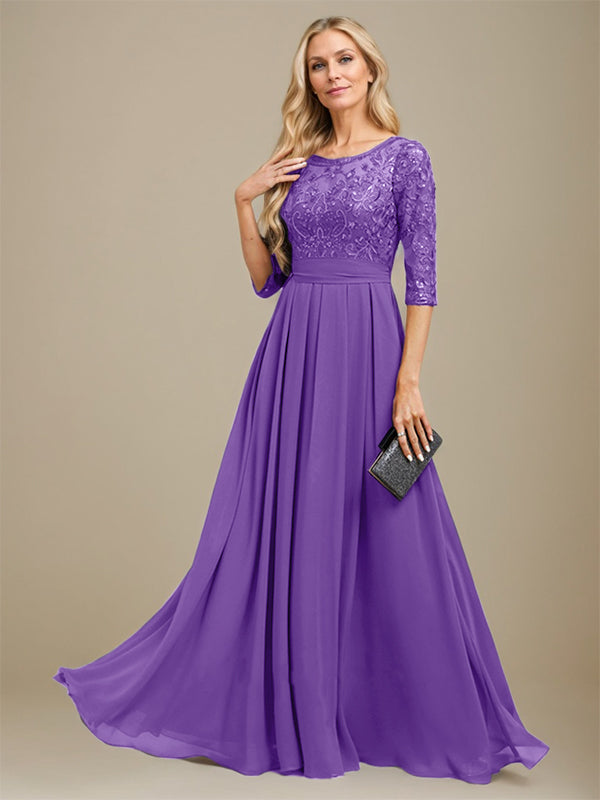 A-Line Scoop Floor-Length Lace Chiffon Mother Of the Bride Dress With Sequins Applique