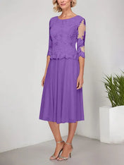 A-line Scoop Tea-Length Lace Chiffon Mother of the Bride Dress With Embroidery
