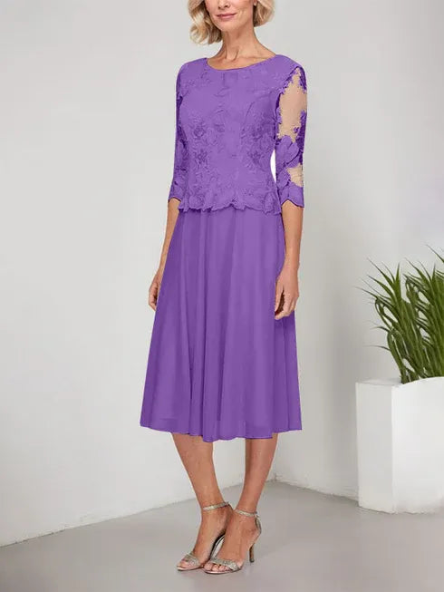 A-line Scoop Tea-Length Lace Chiffon Mother of the Bride Dress With Embroidery
