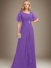 A-line Asymmetrical Floor-Length Chiffon Mother of the Bride Dress With Pleated Beading Sequins