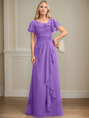 A-line Asymmetrical Illusion Floor-Length Lace Chiffon Mother of the Bride Dress With Cascading Ruffles Sequins