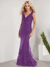A-line V-Neck Floor-Length Lace Chiffon Mother of the Bride Dress With Applique Sequins Mermaid Dresses