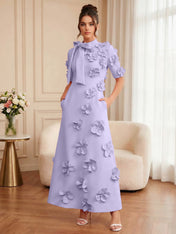 Pink Short Sleeve 3D Floral Maxi Dress Gown