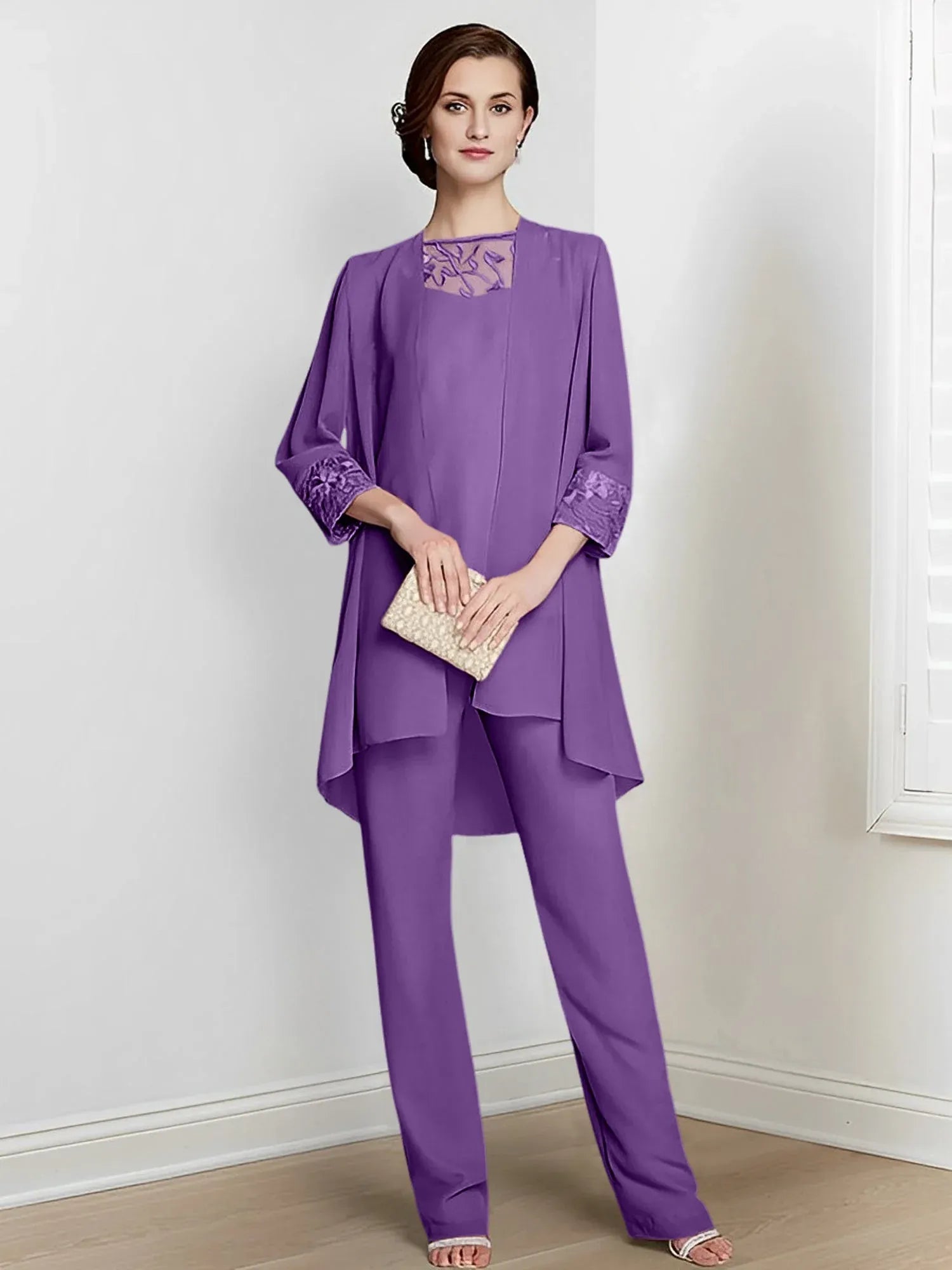 Tailleur-pantalon en mousseline à manches longues pour mère de la mariée avec veste 