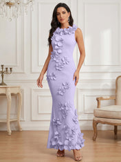 Romantic Pink Sleeveless 3D Floral Mermaid Gown