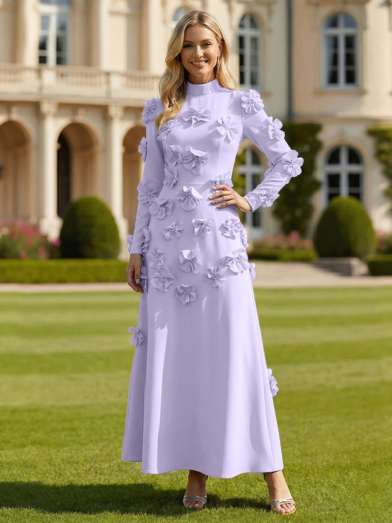 A Line High Neck Long Sleeves Stretch Crepe Dress With 3D Flowers