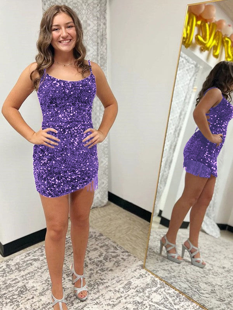 Royal Blue Fitted Spaghetti Straps Short Sequin Homecoming Dress