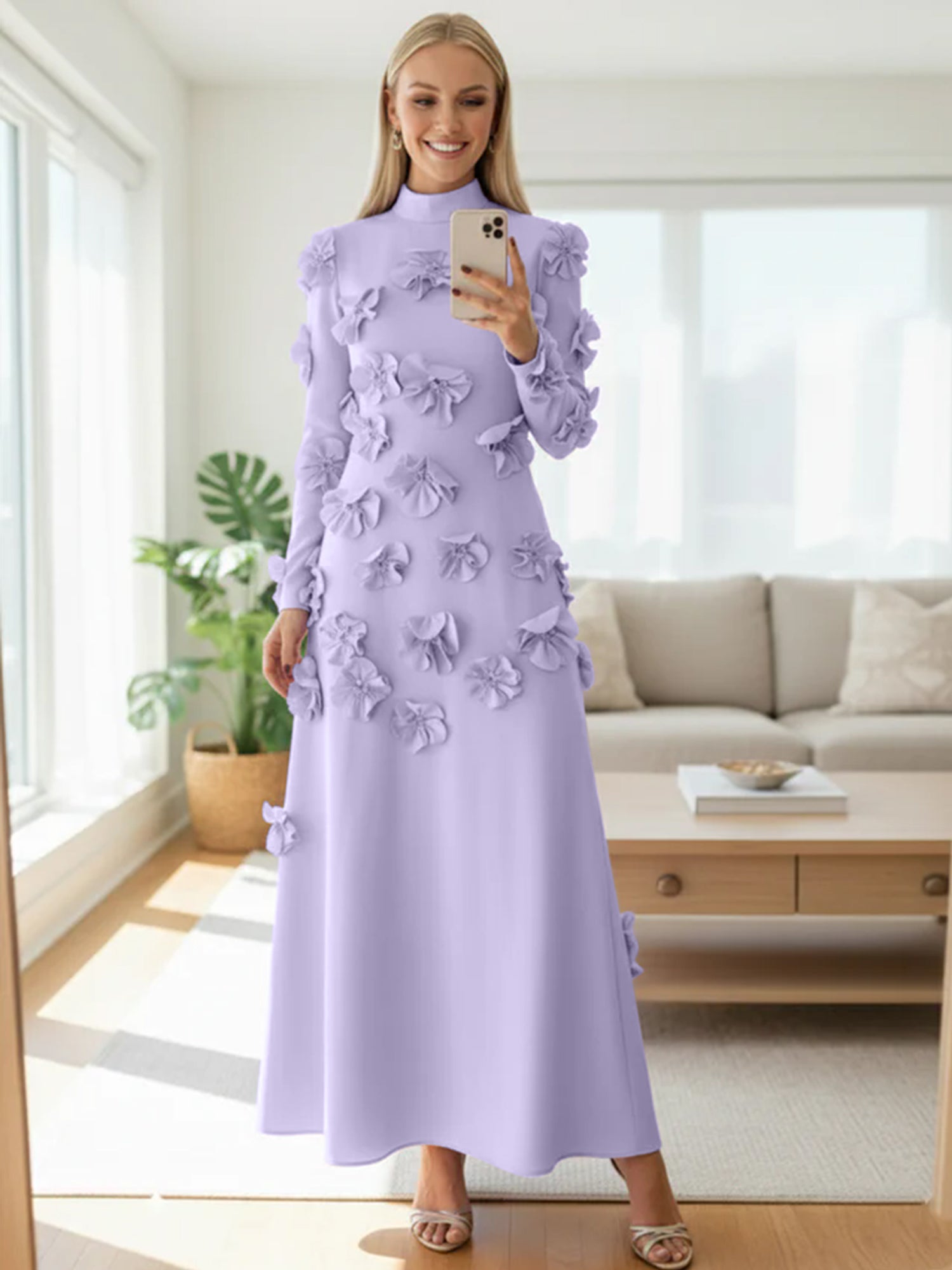 A Line High Neck Long Sleeves Floor Length Stretch Crepe Dress With 3D Flowers
