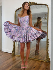 Purple A-Line Strapless Short Print Homecoming Mini Dress