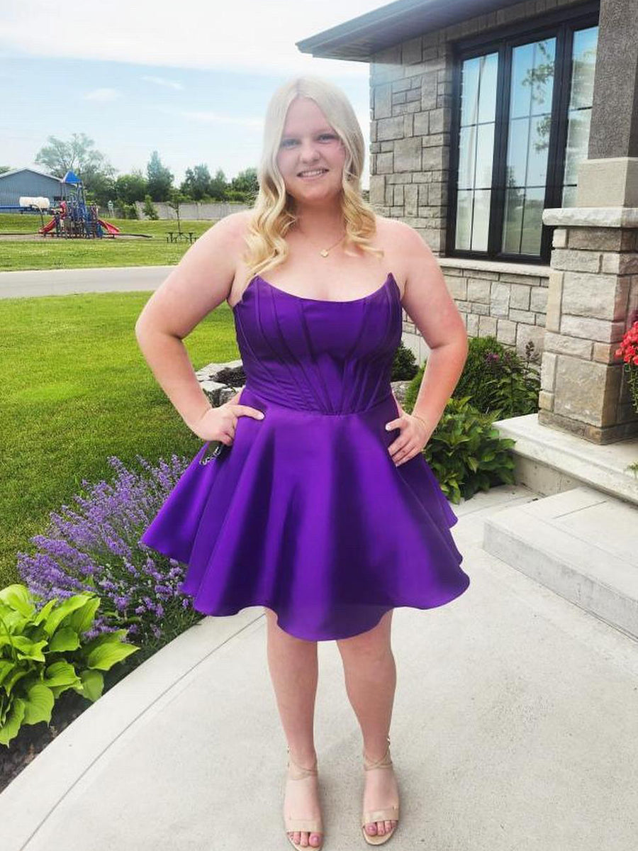 Purple A-line Strapless Satin Short Homecoming Dress