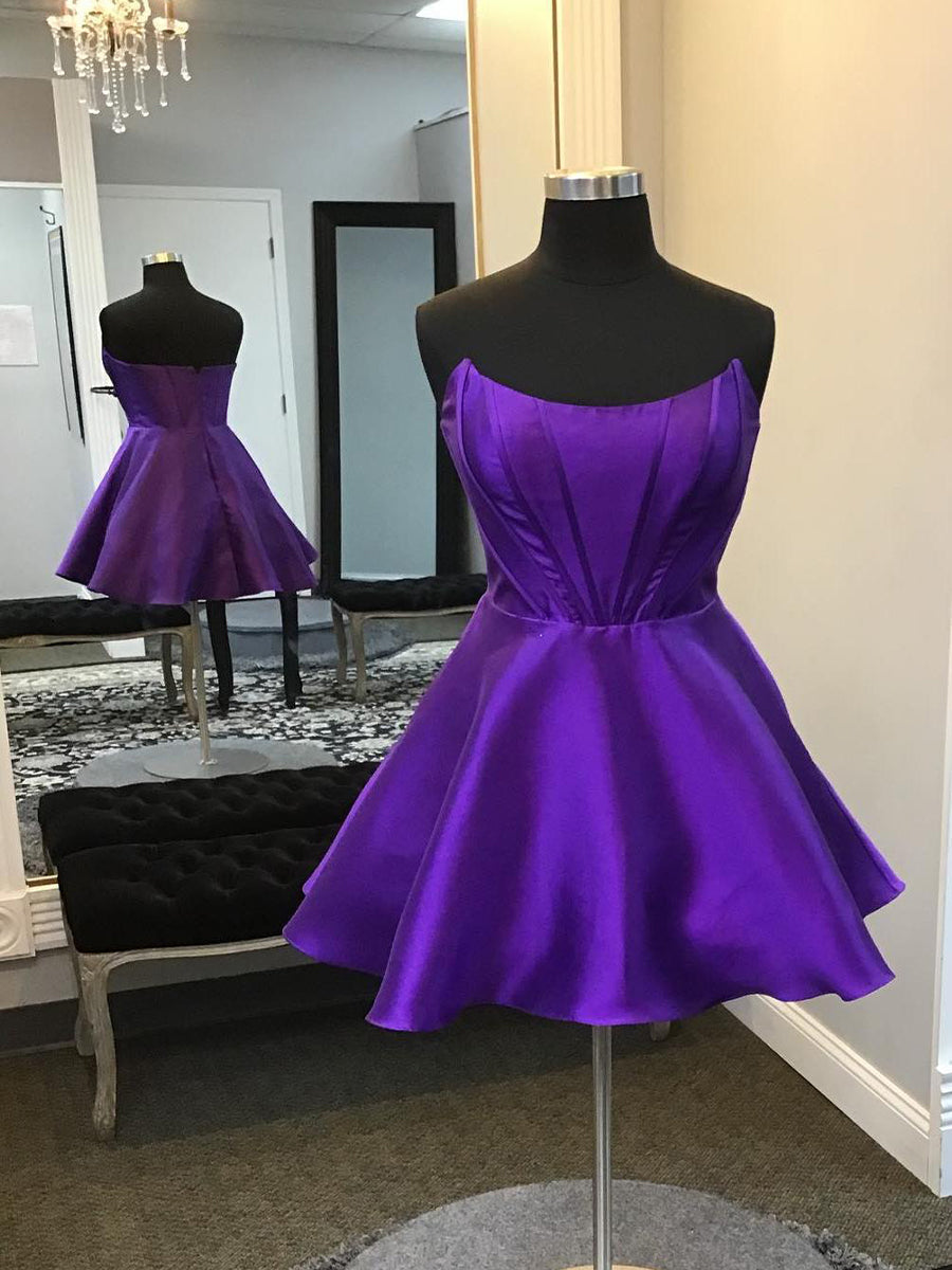 Purple A-line Strapless Satin Short Homecoming Dress