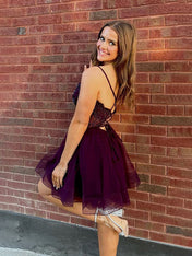 Purple A-line V Neck Beaded Short Tulle Homecoming Dress