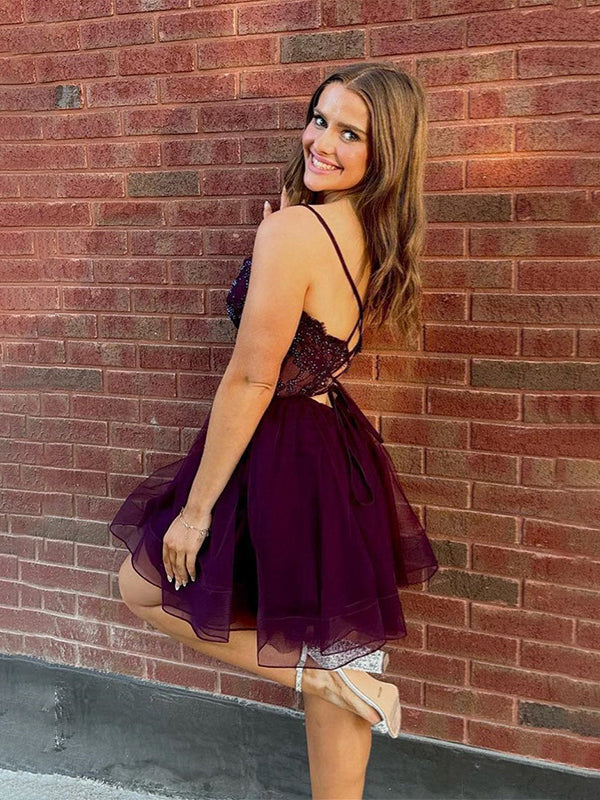 Purple A-line V Neck Beaded Short Tulle Homecoming Dress