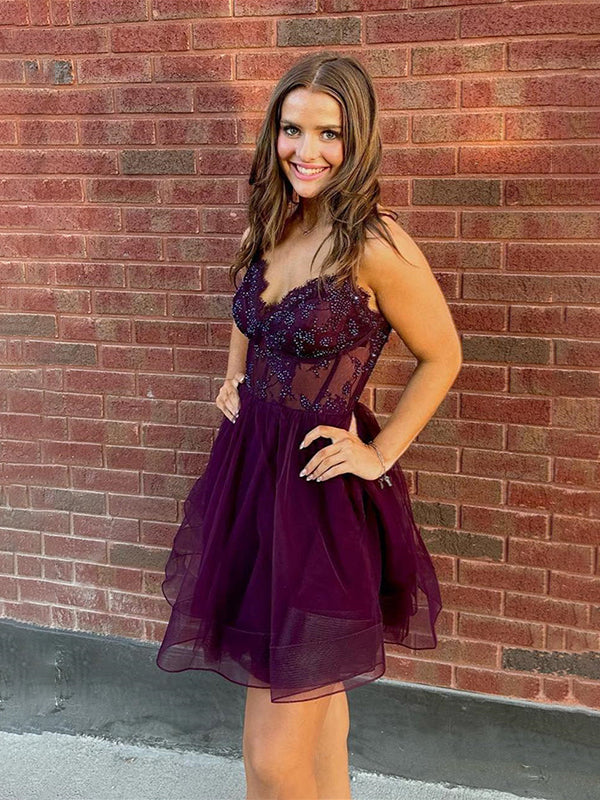 Purple A-line V Neck Beaded Short Tulle Homecoming Dress