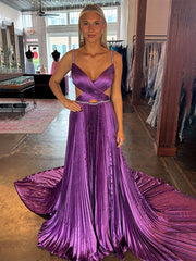 Fuchsia A Line Sequin Strap Pleated Long Prom Dress with Keyhole