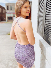 Dreamylily Women Purple Bodycon Criss-Cross Back Sequin Homecoming Dress