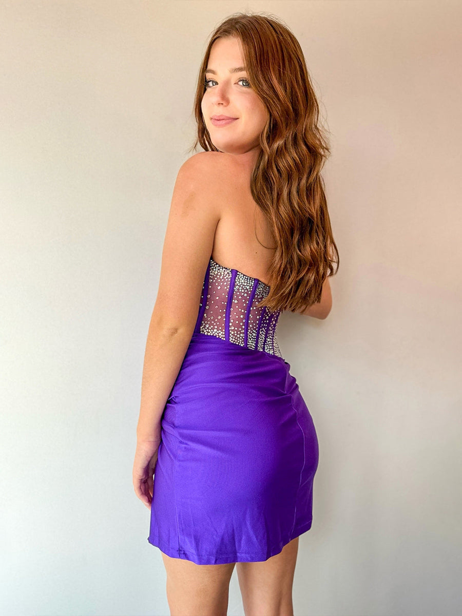 Purple Bodycon One Shoulder Satin Short Homecoming Dresses with Slit