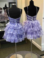 Purple Flower A-Line Tiered Tulle Spaghetti Straps Homecoming Dress
