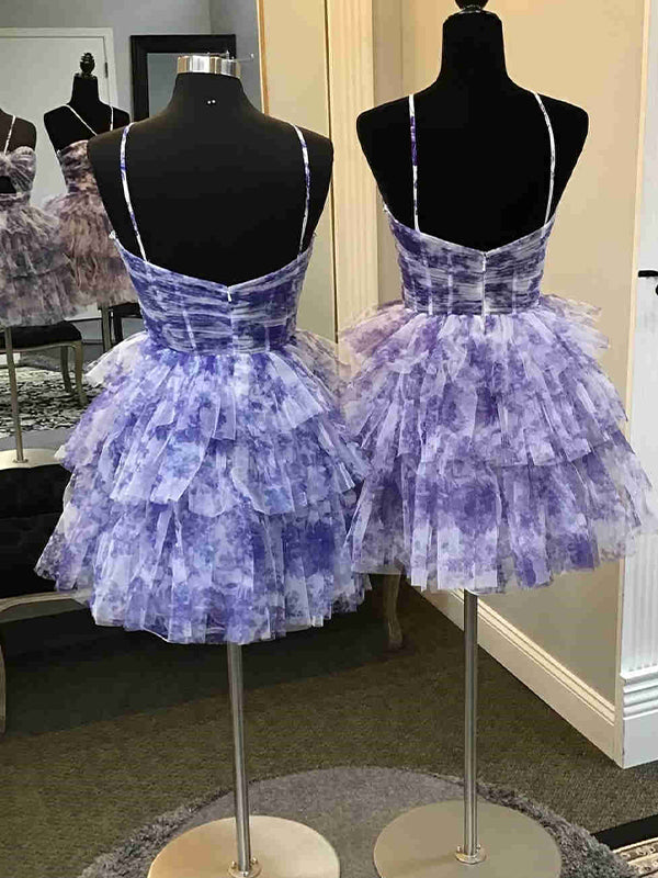 Purple Flower A-Line Tiered Tulle Spaghetti Straps Homecoming Dress