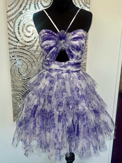 Purple Flower A-Line Tiered Tulle Spaghetti Straps Homecoming Dress