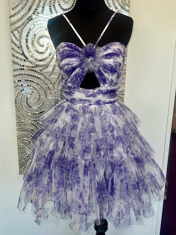 Purple Flower A-Line Tiered Tulle Spaghetti Straps Homecoming Dress