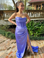 Purple Mermaid Strapless Pleated Long Prom Dress with Train