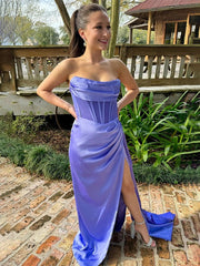 Purple Mermaid Strapless Pleated Long Prom Dress with Train