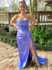 Purple Mermaid Strapless Pleated Long Prom Dress with Train