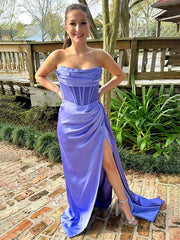 Purple Mermaid Strapless Pleated Long Prom Dress with Train