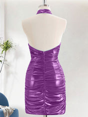 Purple Metallic Tight Halter Backless Satin Homecoming Dress