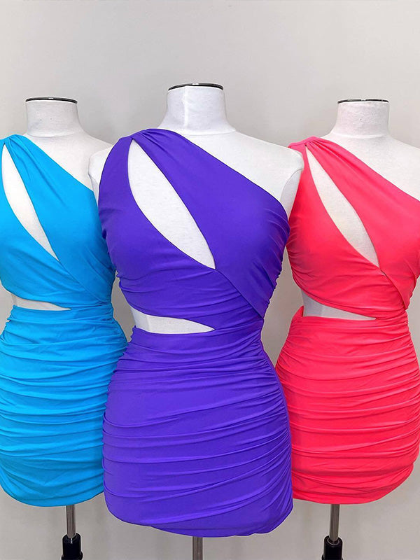 Purple One Shoulder Satin Tight Homecoming Dress