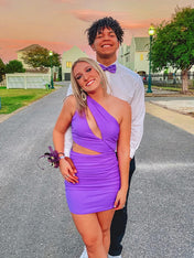 Purple One Shoulder Satin Tight Homecoming Dress