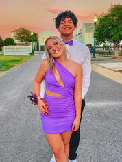 Purple One Shoulder Satin Tight Homecoming Dress