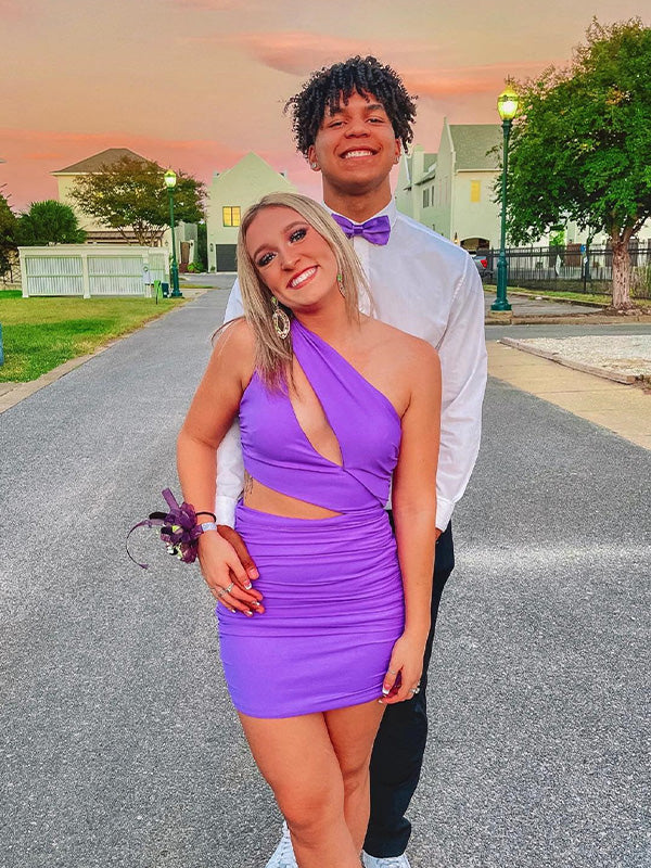 Purple One Shoulder Satin Tight Homecoming Dress