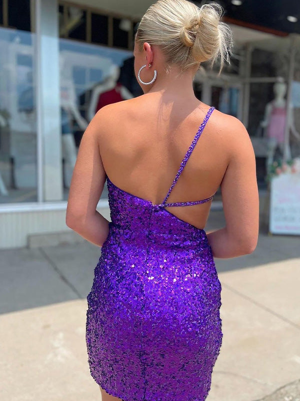 Purple One Shoulder Sequin Cutouts Tight Homecoming Dress