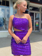 Purple One Shoulder Sequin Cutouts Tight Homecoming Dress