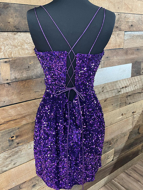 Purple Sequin Glitters Bodycon Short Homecoming Party Dress