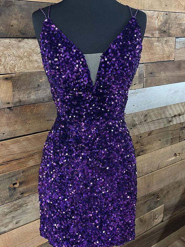 Purple Sequin Glitters Bodycon Short Homecoming Party Dress