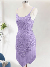 Purple Sequins Spaghetti Straps Short Homecoming Dress with Tassels-2