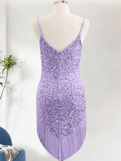 Purple Sequins Spaghetti Straps Short Homecoming Dress with Tassels