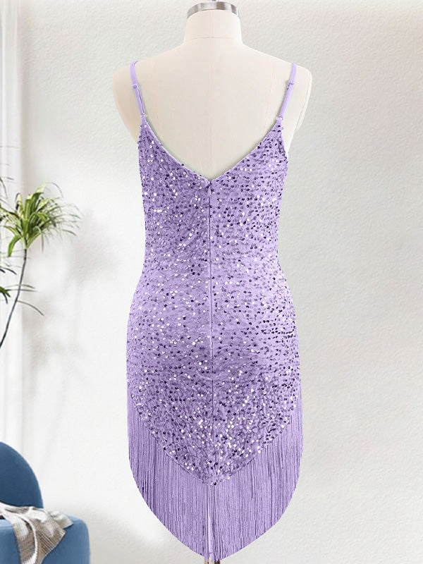 Purple Sequins Spaghetti Straps Short Homecoming Dress with Tassels