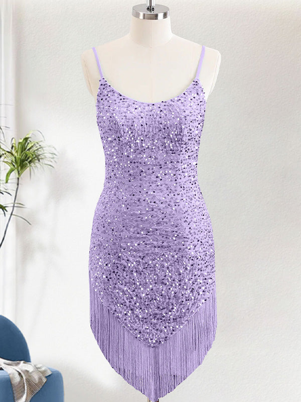 Purple Sequins Spaghetti Straps Short Homecoming Dress with Tassels