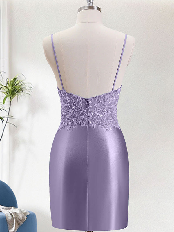 Purple Spaghetti Straps Beaded Appliques Satin Bodycon Homecoming Dress