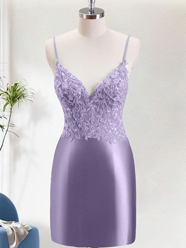 Purple Spaghetti Straps Beaded Appliques Satin Bodycon Homecoming Dress