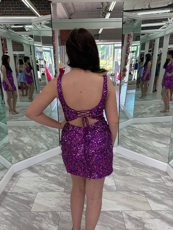 Purple Square Neck Sequin Tassels Homecoming Dress