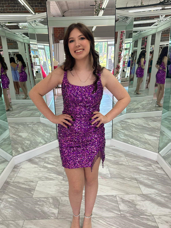 Purple Square Neck Sequin Tassels Homecoming Dress